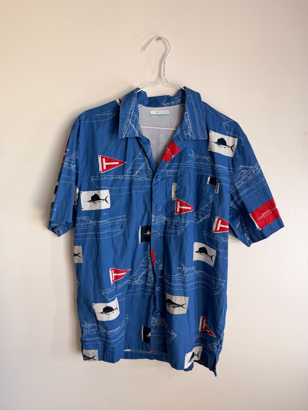 Columbia Blue Short-Sleeve Button-Down with Red & White Nautical Accents